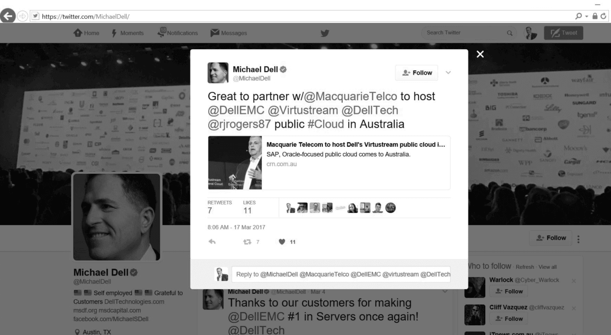 Macquarie Government partners with Dell Technologies (aka DellEMC) to offer Dell government cloud hosting deal as announced by Michael Dell on Twitter March 2017